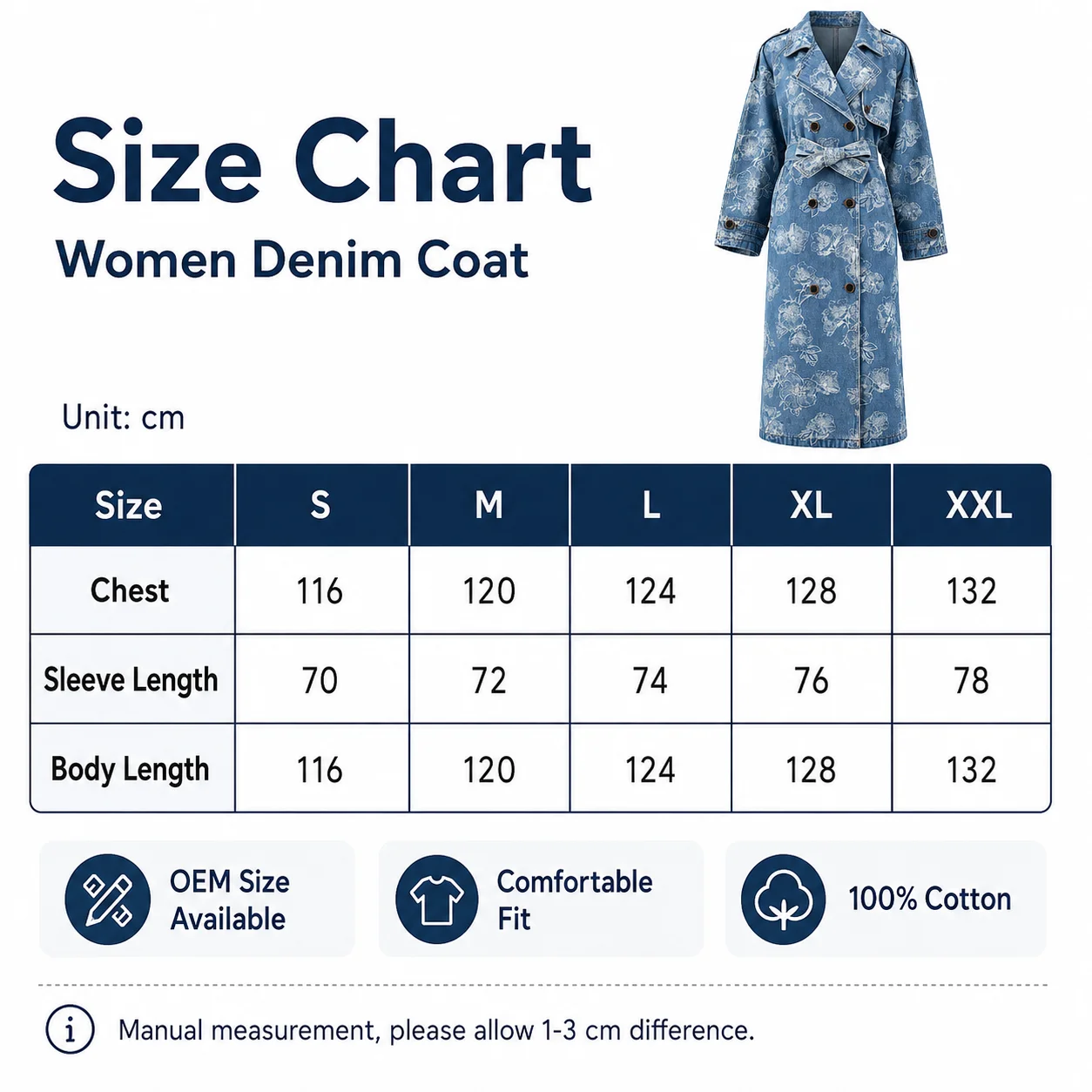 Floral print Denim Femme X-Long Customized Jackets for Women With Belt Blue Cotton Heavy Denim Female