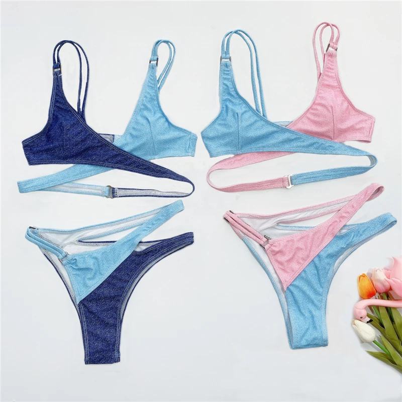 Wholesale 2020 Denim patchwork swimsuit sky blue pink bikini