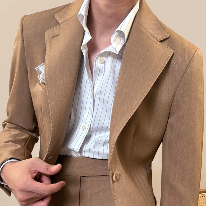 2024 New Product Safari Suit for Men Single Breasted Light Grey Piece  Coat Pant Men's Suit