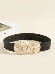 Straw Woven Elastic Stretch Waist Belt Women Skinny Dress Belt Cinch Fashion Double Round Female Metal Buckle