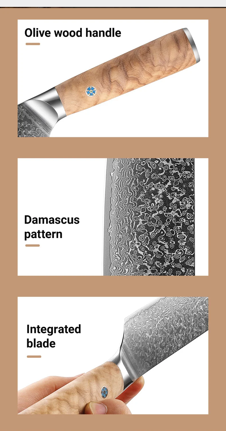 JJ 7 PCs Set 67 Layers Damascus 10Cr15Mov Core Steel Kitchen Knife Set with Olive Wood Handle Custom Stainless Steel Knife Set