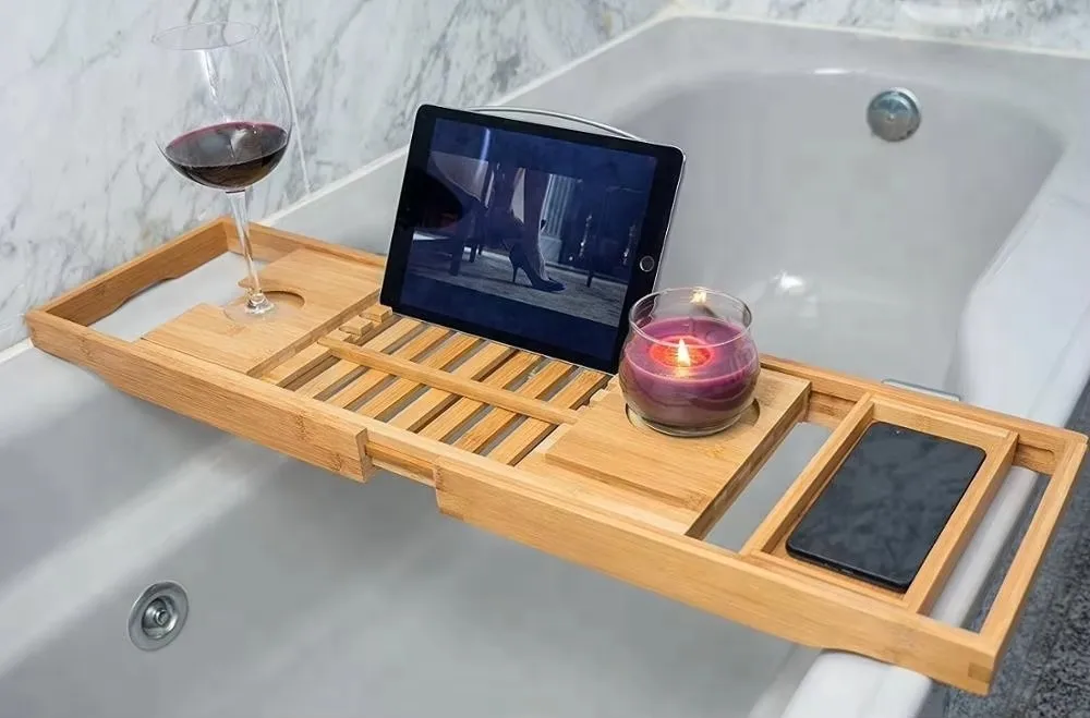 product wholesale luxury bamboo bath caddy double cup bath tub table for home bathroom single layer for hotels-6