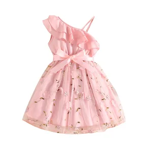 Autumn ODM Solid Cotton Casual Off-Shoulder Bow Breathable Knee-Length Princess Party Kids Dress