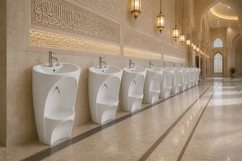 info-1-1 Row of white ceramic wudu basins along a carved stone wall in a mosque wudu hall