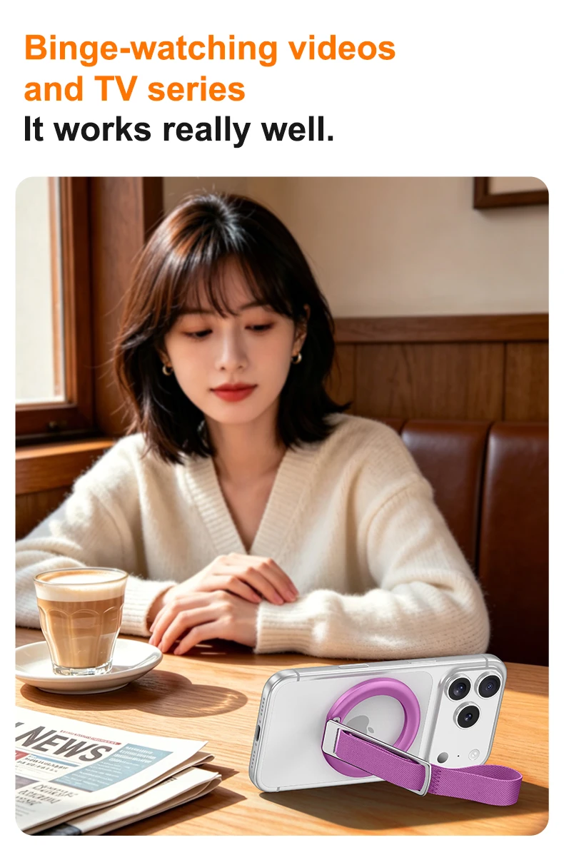 N52 Magnet Phone Grip Ring Holder Foldable Kickstand Wrist Strap 60g Lightweight for Smartphone Daily Carry