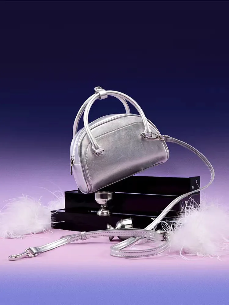 Genuine Leather Silver Small Women's Handbag Boston Bag