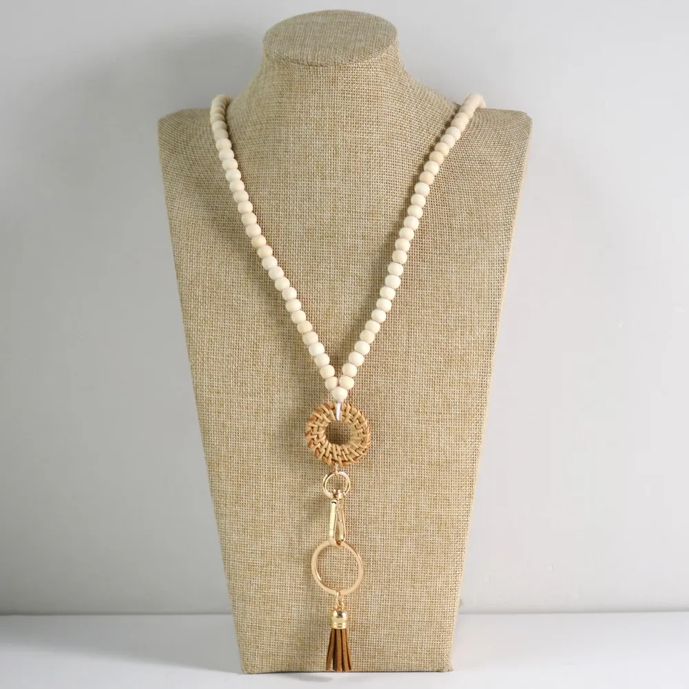 Rattan Wood Bead Lanyard Keychain Work ID Badge Necklace Boho Strap Nurse Teacher Gift Beaded Lanyard Charm Breakaway Clasp