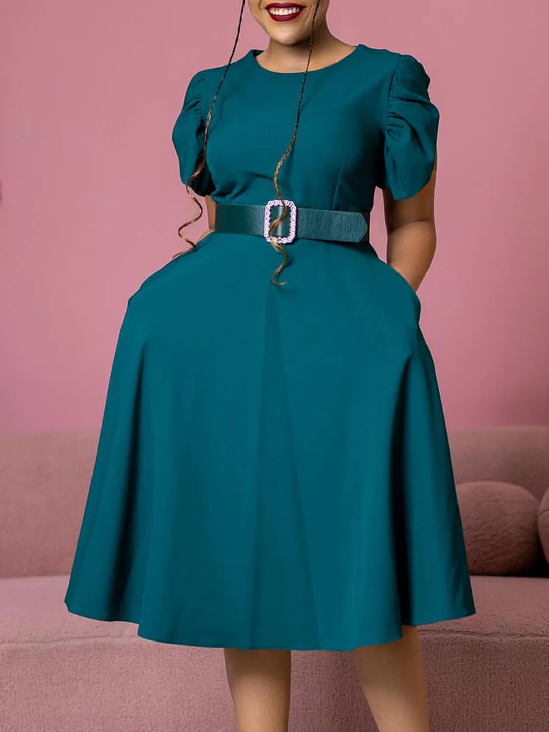 Trendy Summer Womens Office Dresses O-Neck Short Sleeve Elegant Ruched  A-line Dresses for Women Clothing With Belt