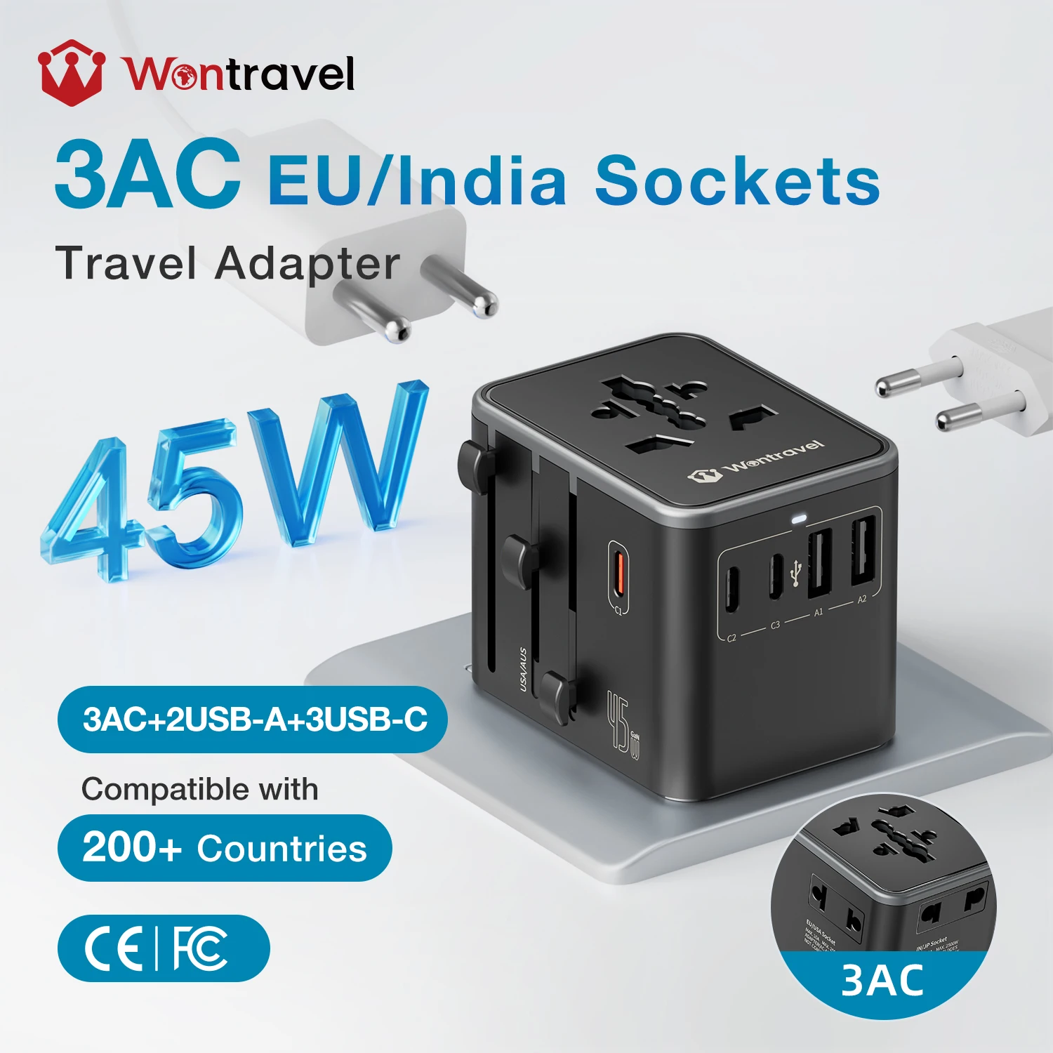 Adattatore da viaggio universale portatile internazionale Wontravel da 45 W, con tecnologia GaN, tipo C, dotato di 3 prese CA e 8 porte