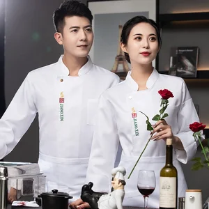 Women's Men's Twill Canvas White Chef Uniforms Long-Sleeved Back Kitchen Work Clothes for Hotel Catering Restaurant Tops