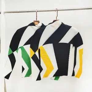 High Quality Miyake Pleated Striped Top Women Casual Style Shirt Pleats Long-Sleeved T-Shirt