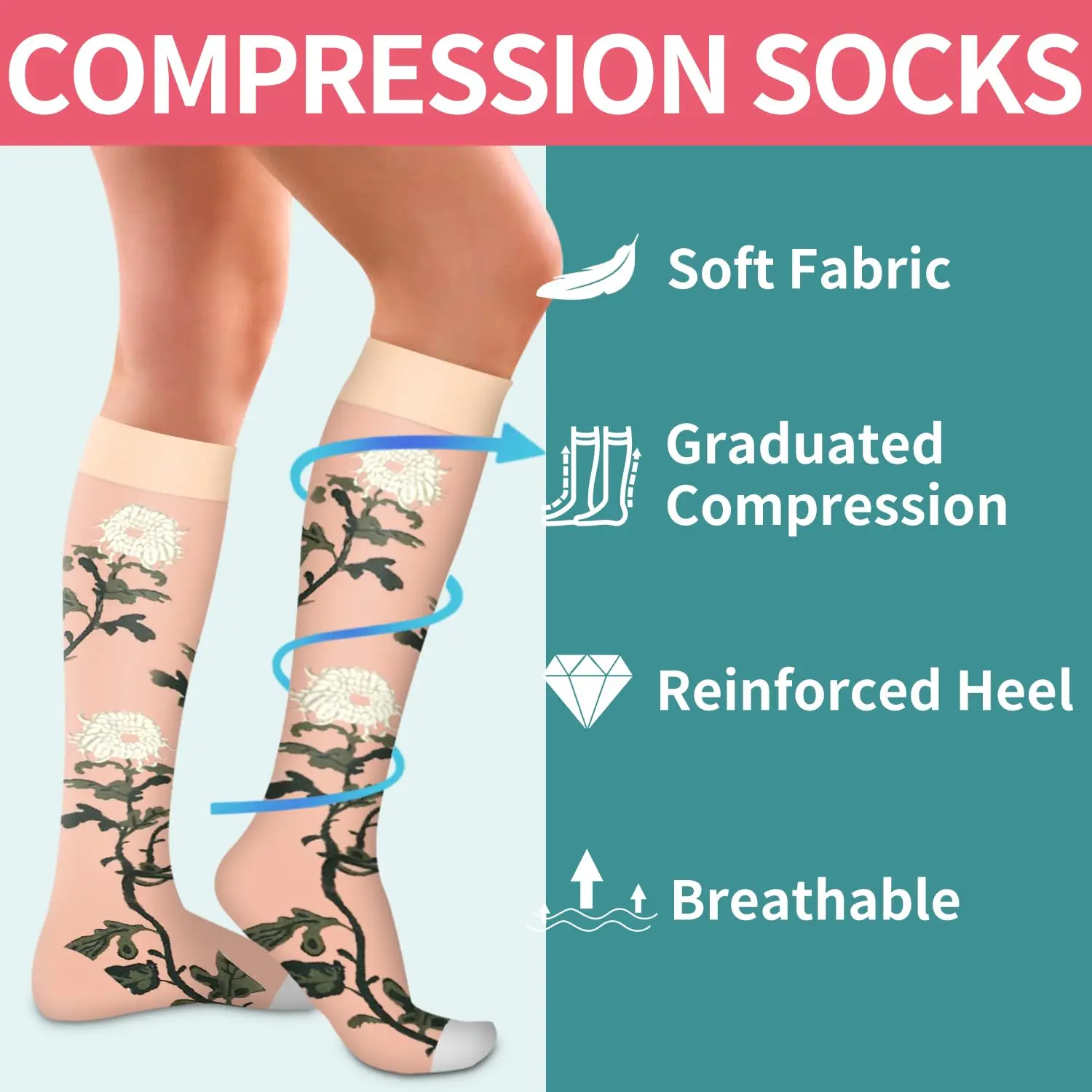 Custom Print Quick Dry Sport Print Graduated Circulation Copper Floral Nurse Medical Compression Socks