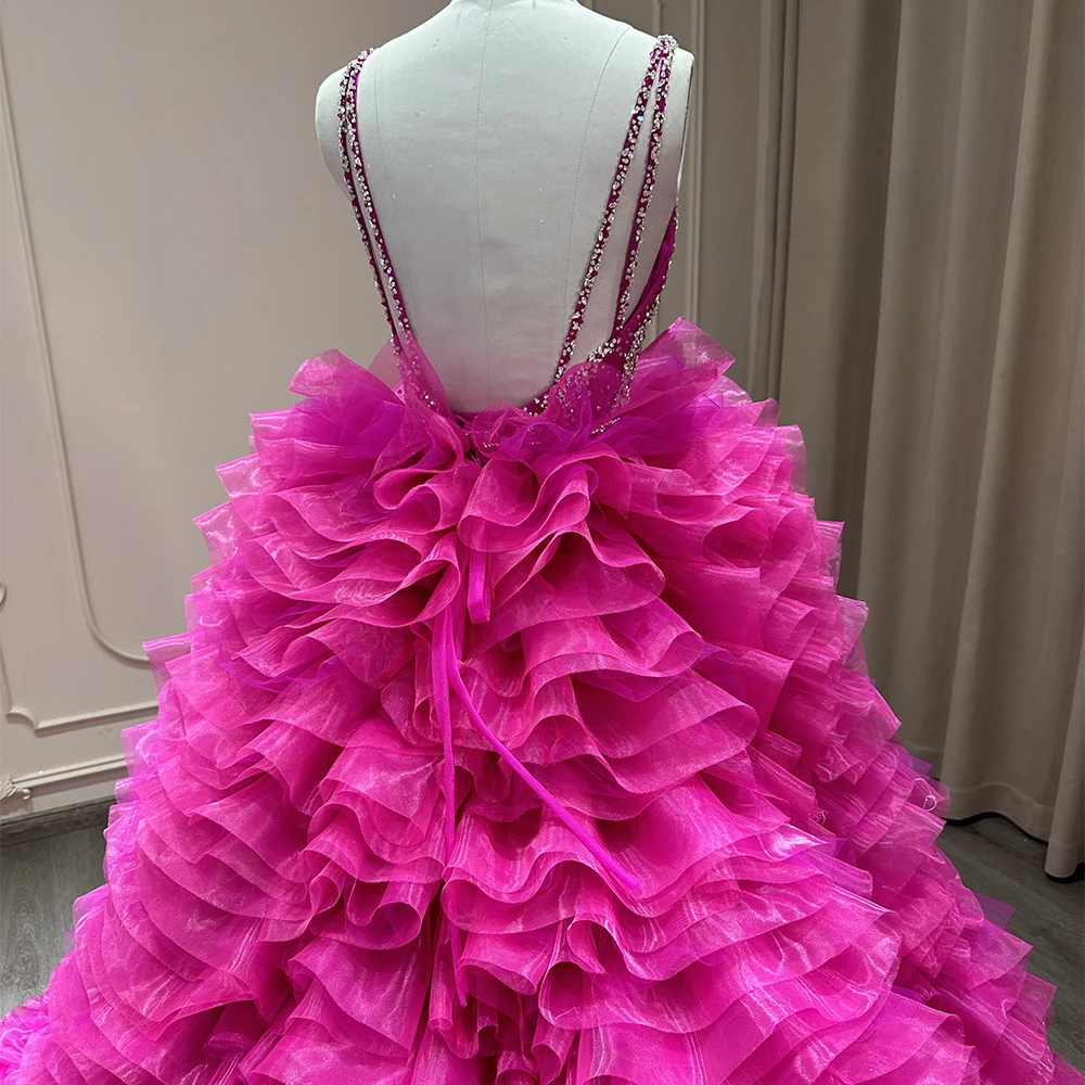 Hot Pink Tulle Tiers Beading Quinceanera Dress Ball Gown Princess Prom  Dresses YL0003