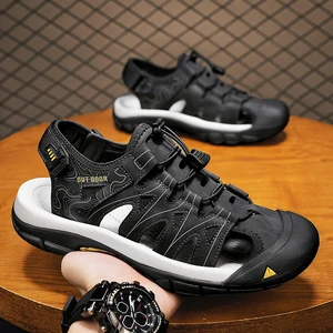 Men's Outdoor Trail Hiking Walking Sandals Summer Sports Beach Shoes Anti Slip Breathable Closed Toe Fashion Leather Slippers