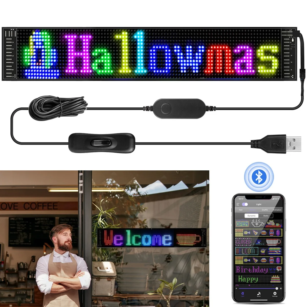 USB Programmable LED Pixel Matrix Soft  Advertising Screen 5V  APP Control Rolling Advertising LED for Car Bar Hotel