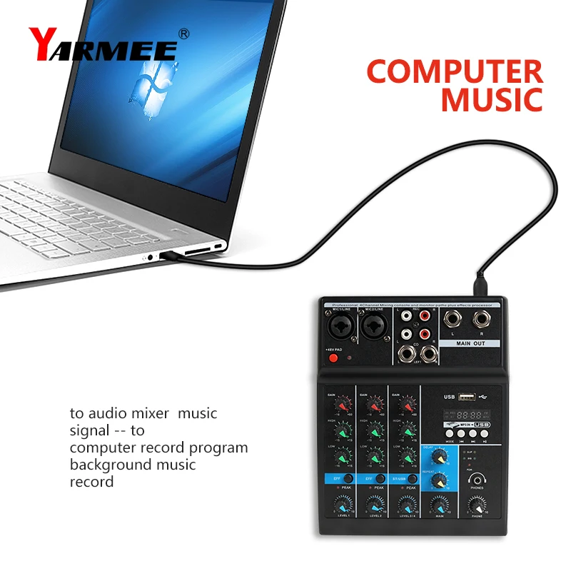 4 Channels Portable Audio Mixer Sound Mixing Computer Playback 48V Phantom Audio Mixer OM03