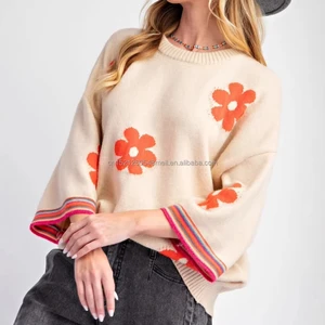 Autumn Women's Long Knitted Pullover New Spring Jacquard Floral Pattern Contrast Colors Stylish for Office Lady