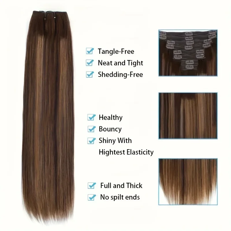 Straight Clip in Hair Extensions 100% Real Human Hair Brown Highlights Blonde Clip In Remy Human Hair Extension For Women_voghion.com