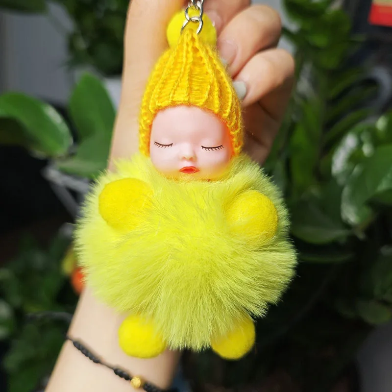 Porte-clés bébé endormi en peluche kawaii douce et moelleuse, pompon, breloques en fourrure pour sacs_voghion.com