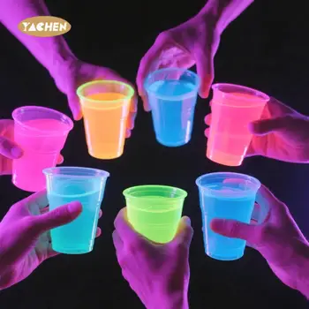 Yachen Ins Disposable Plastic Neon Cups Plates Black Light Reactive Glow in the Dark for Neon Parties Christmas Holidays Decor