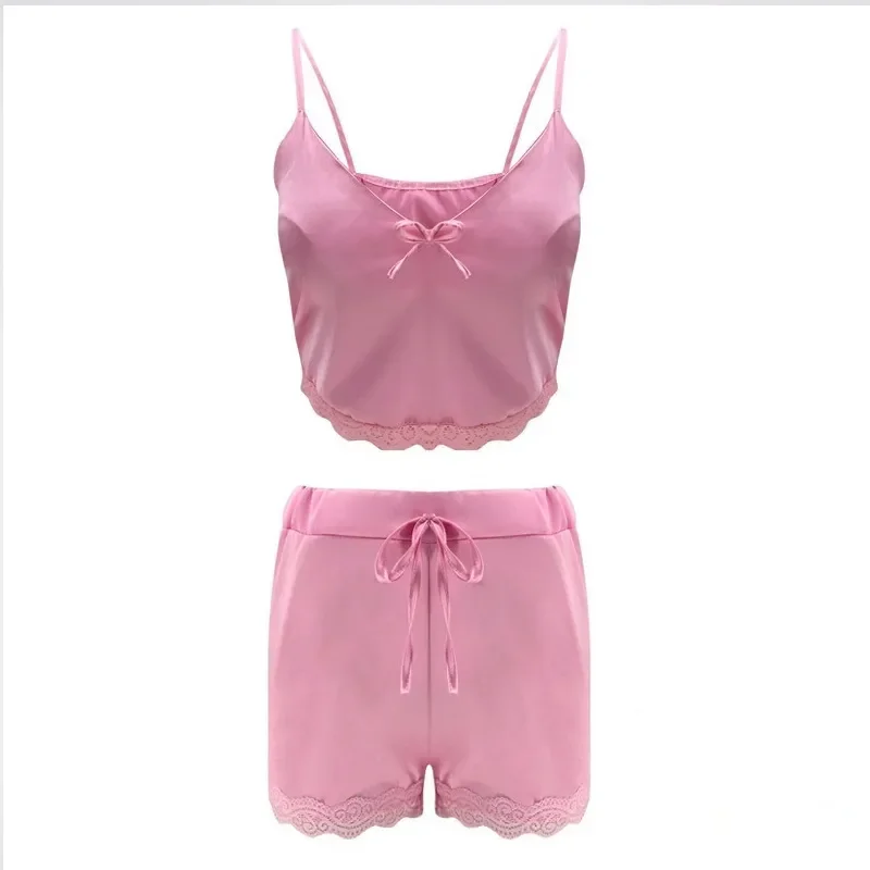 Summer Lingerie Lace Silk Pajamas Set Pink Camisole Sleepwear 2 Pieces ...
