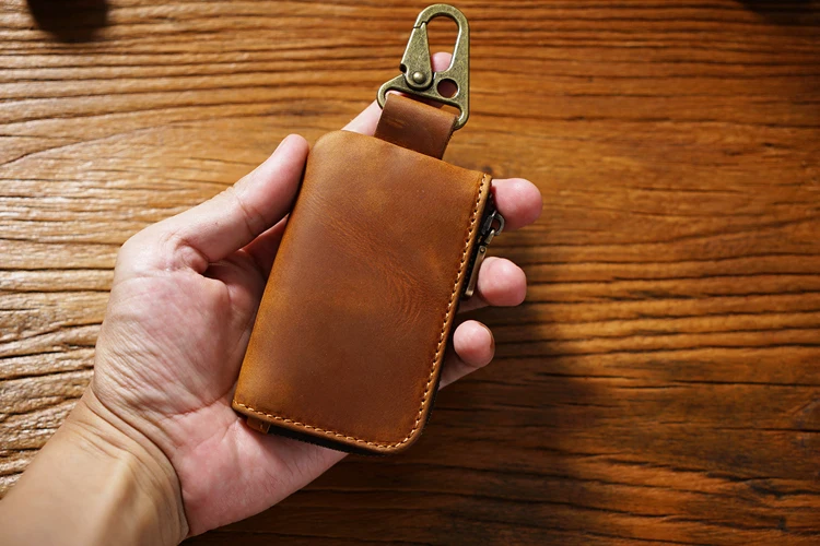 Genuine Leather Vintage Key Holder Organizer With Zip Pouch_voghion.com
