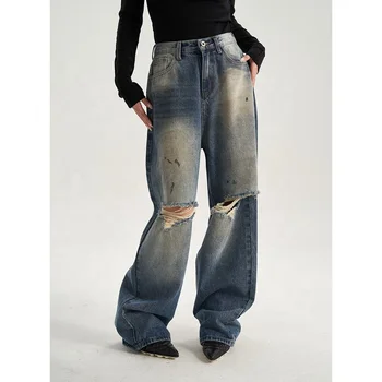 Street Style Ripped Washed Old Loose Straight Jeans Pants Tall Women Slimming Hip Hop Trousers
