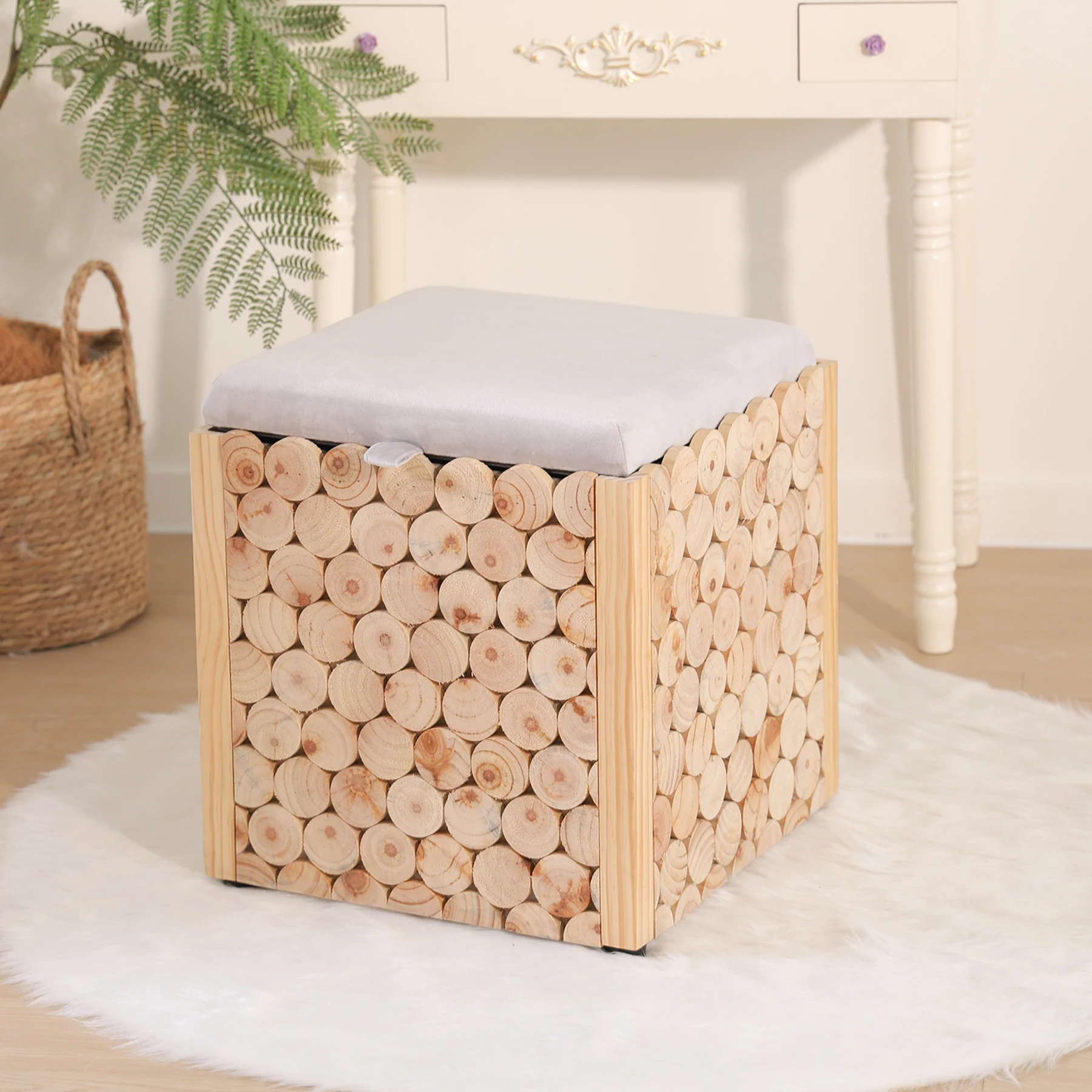 New Design Solid Wood Ottoman Storage Velvet Stool Large Storage Capacity Foot Stool