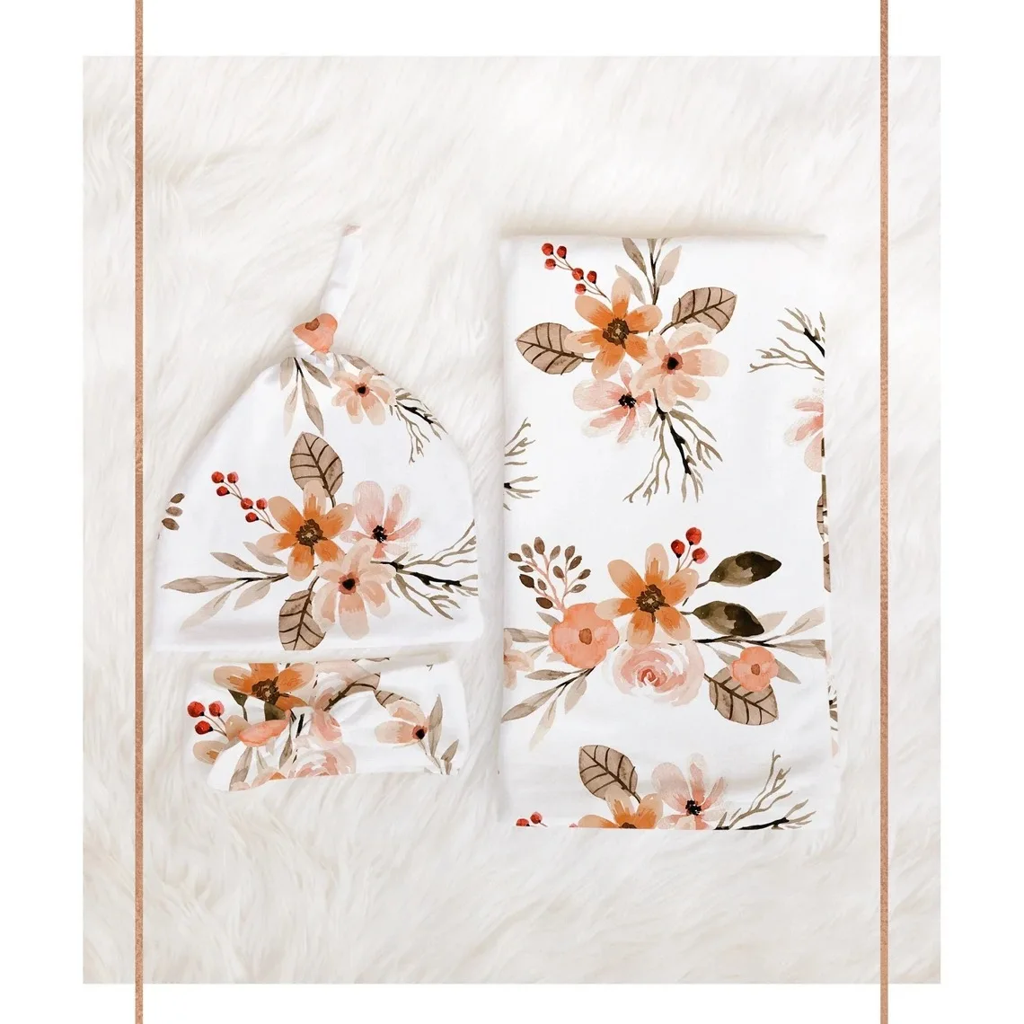 Newborn Swaddle Wrap Baby Receiving Blanket 3pcs Floral Swaddle Blanket Matching Knotted Hat And