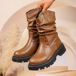 Women's Thick-Soled Mid-Barrel Knight Boots Stitching Head Thin Cigarette PU/Suede Ankle Bootie Plus Size