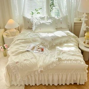 New Style Bed Skirt and Bed Cover Set Bubble  Solid Color Embroidered French Princess Style Summer Quilt Four-piece Set
