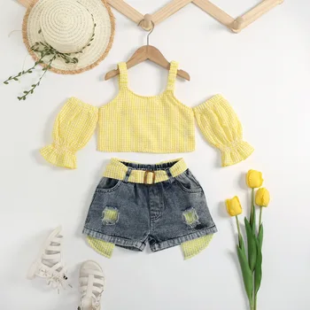 Summer new ins off-the-shoulder strap bubble sleeve sweet girl baby two-piece suit