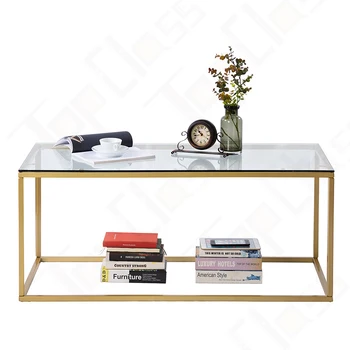 Gold rectangle steel metal tempered glass office home goods coffee table malaysia smart gold