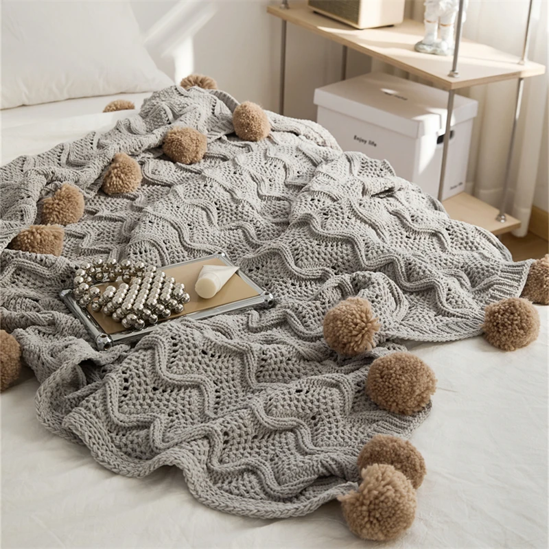 Fts Factory – couverture tricotée en Chenille avec pompon fait à la main, câble souple, pour lit et canapé