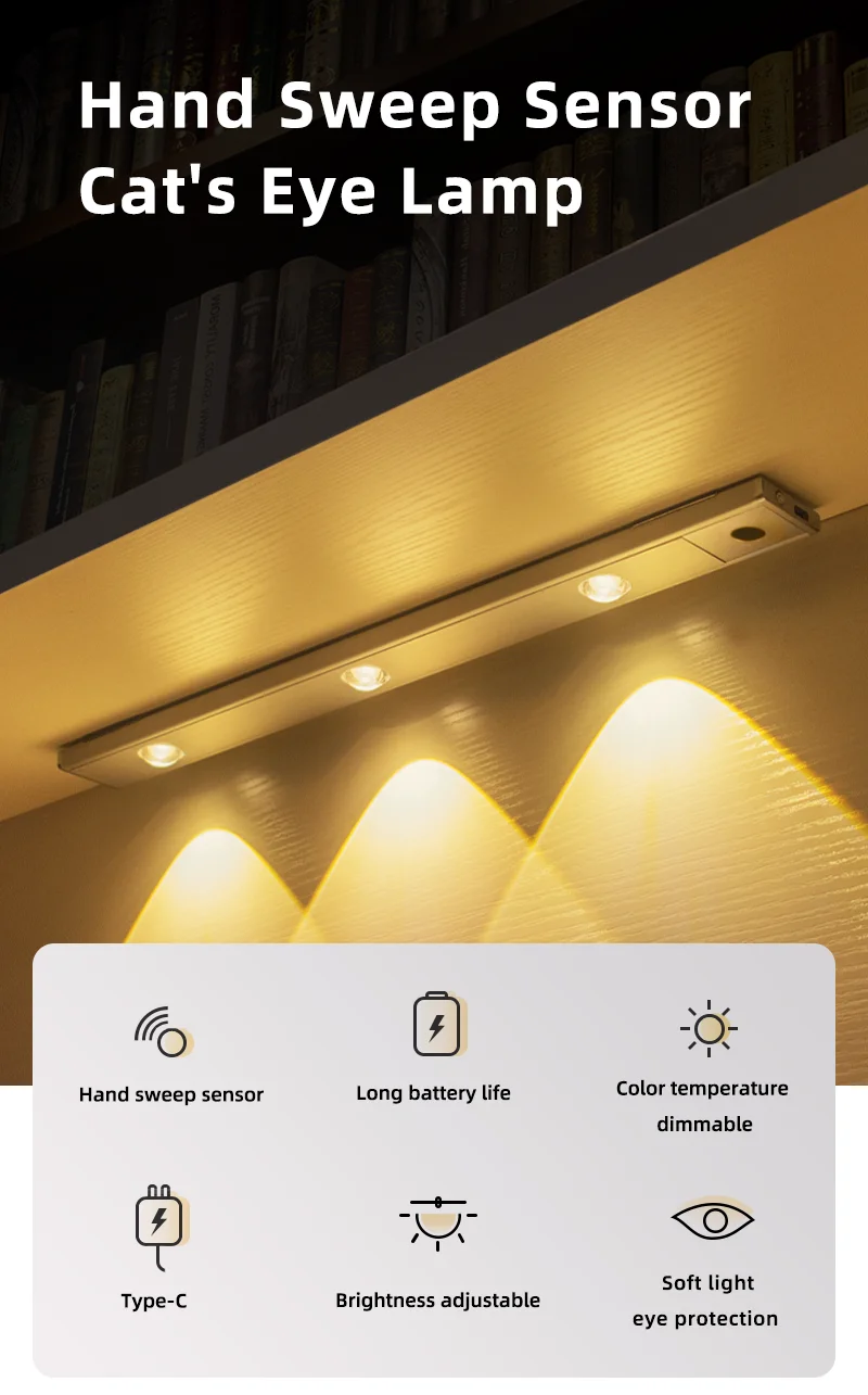 Typec Port Dimmable Cat Eye Wireless Portable Hand Sweep Sensor Closet