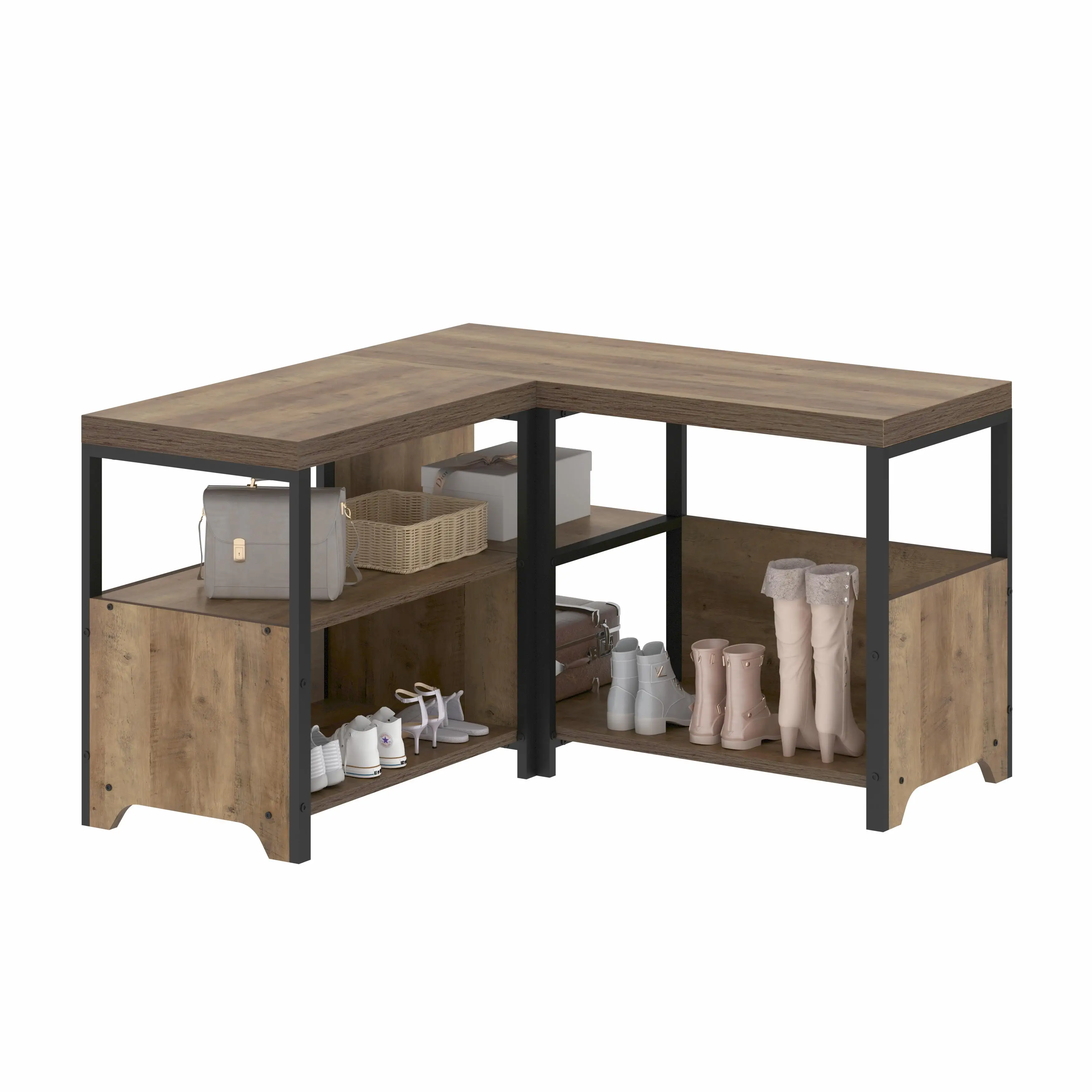 Rustic Corner Convertible Storage Bench Wooden Metal L Shaped Table Bench Shoe Bench for Home