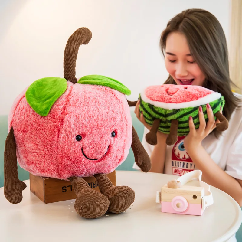 Cute Short Super Soft Plush Simulation Watermelons and Cherries Cotton Stuffed Fruit Girl Pillow Claw Machine Acarde Gift Doll