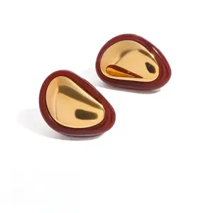 Classic Red Black Oval Stud Earrings 18K PVD Gold Plated Stainless Steel with Resin Unique Trendy Stud Earrings Jewelry