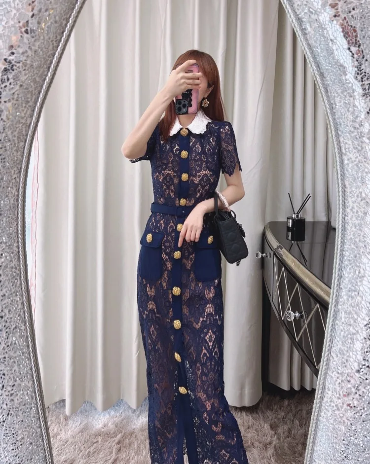 Navy Blue Lace Decorative Dress With High Waist Pencil Skirt Slim  Temptation Breathable Solid Pattern for Spring Season| Alibaba.com