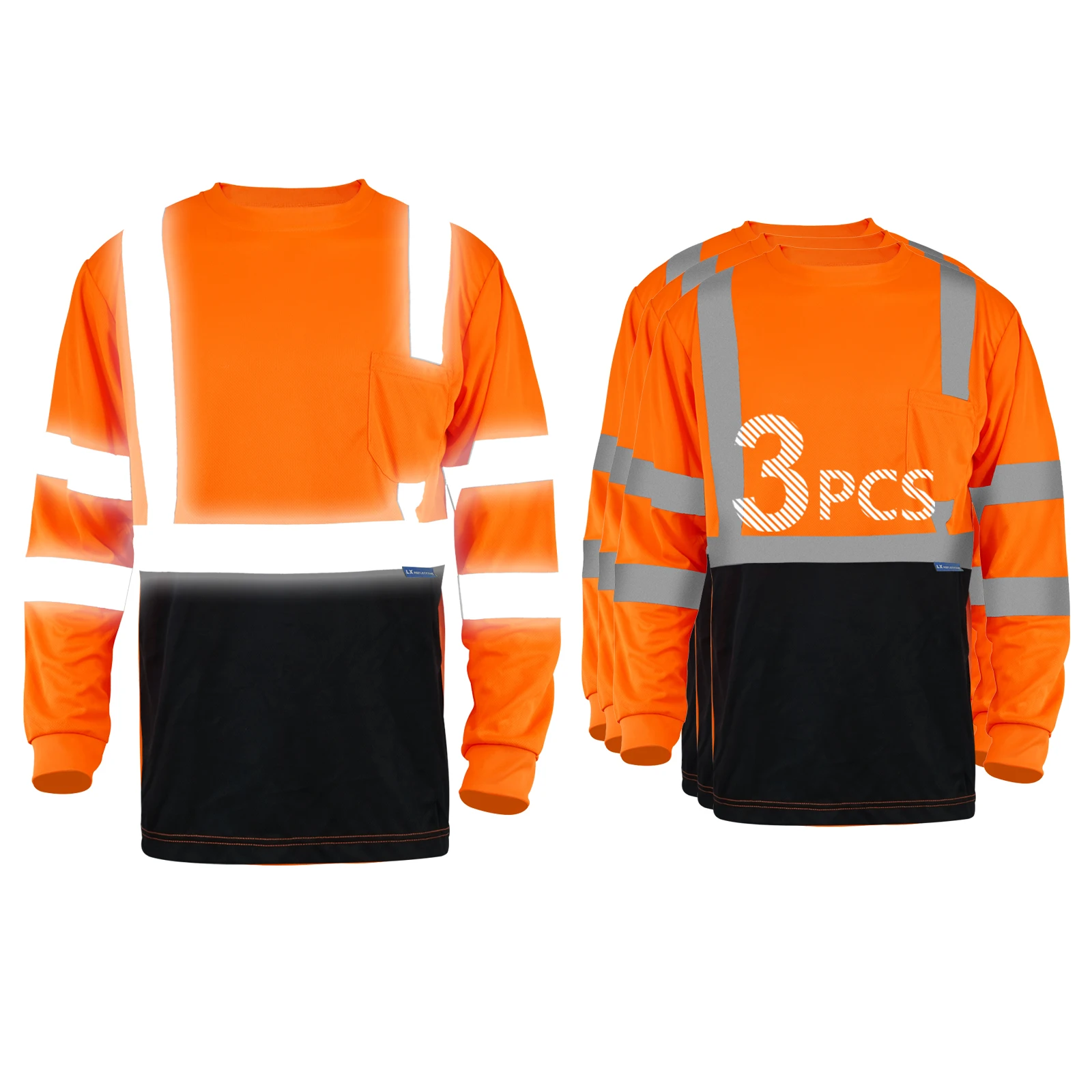 LX Stock Hi Vis Reflective Shirt Orange Black Long Sleeve Safety T Shirt Low MOQ Custom Logo Safety T Shirt for Man
