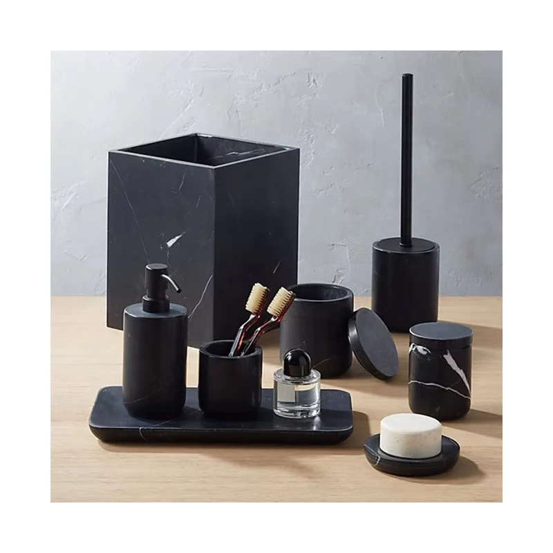 Otel bəzək məqsədləri üçün qara mərmər otaq aksesuarları dəsti: sabun qabığı, dispenser, stəkan tutucu, diş fırçası saxlayıcısı
