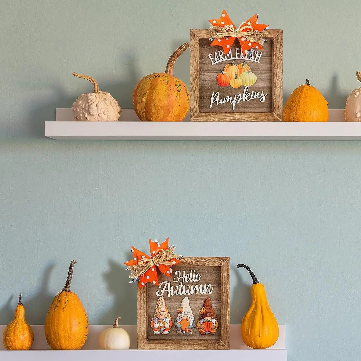 Geetery 2 Pcs Fall Table Decor 3D Thanksgiving Wooden Table Signs Dwarf Pumpkin Decor Thanksgiving Fall Wood Box Sign Hello Pump