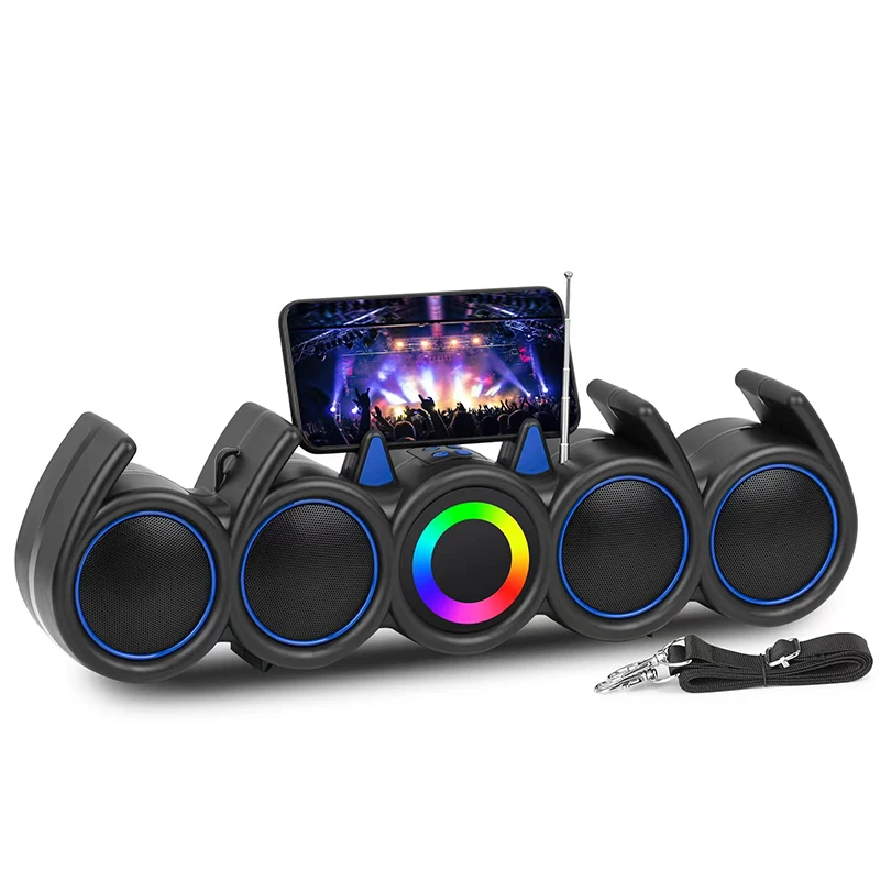 Portable Outdoor RGB LED Colorful Light Stereo BT Woofer Speaker Mini Rechargeable Plastic Bass Speaker with Active FM Radio