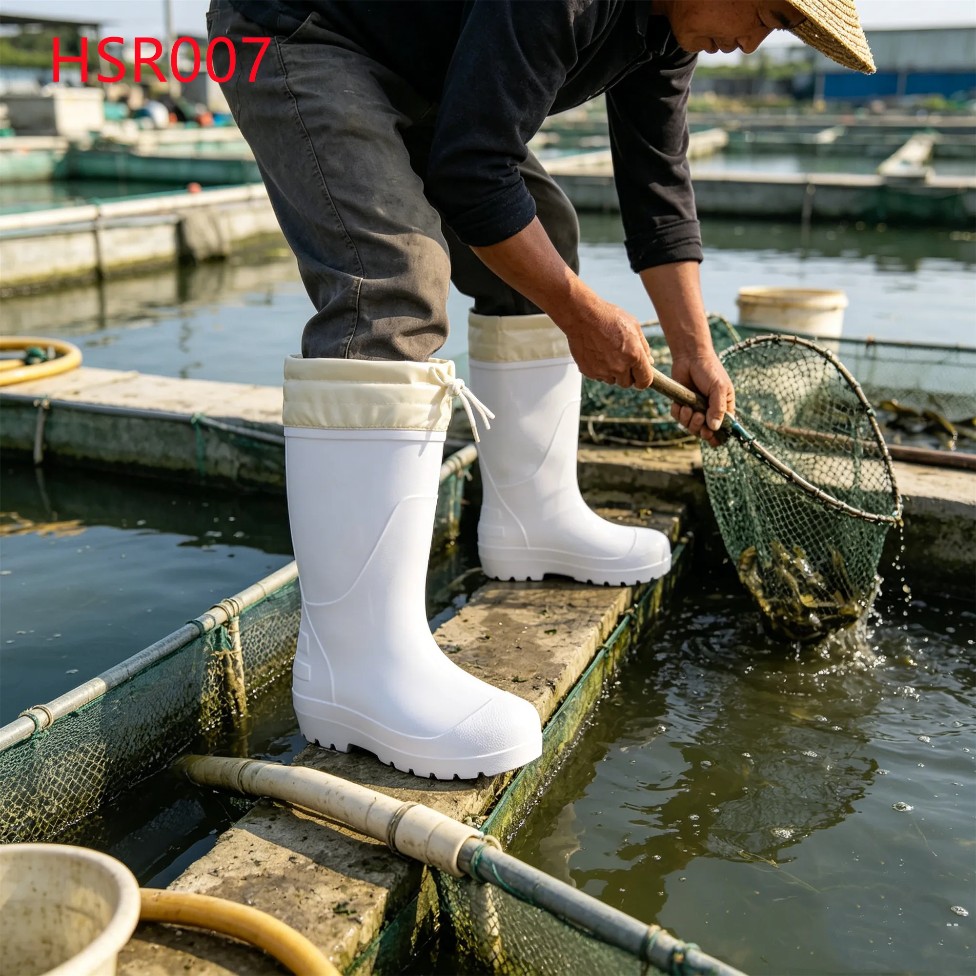 LXG,Fishery Aquaculture Work High Stretch Elastic Band Rain Boots Sanitation Cleaning Easy to Clean White PVC Work Boots HSR007