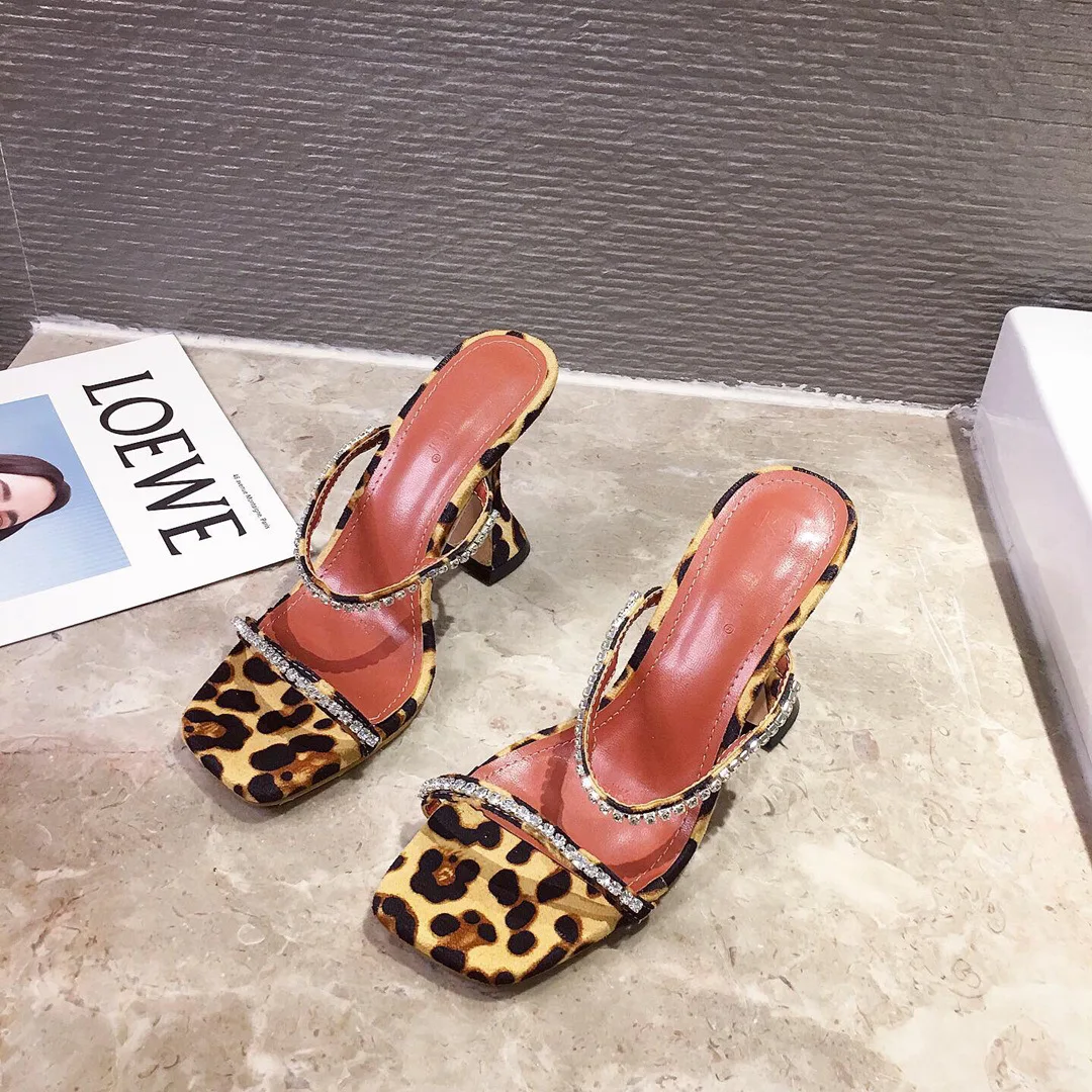Summer 2023 New Leopard Print Black Square Head Slippers Comfortable Wine  Glass Word Rhinestone Sexy High Heel Women's Shoes - Buy 2023 Summer New