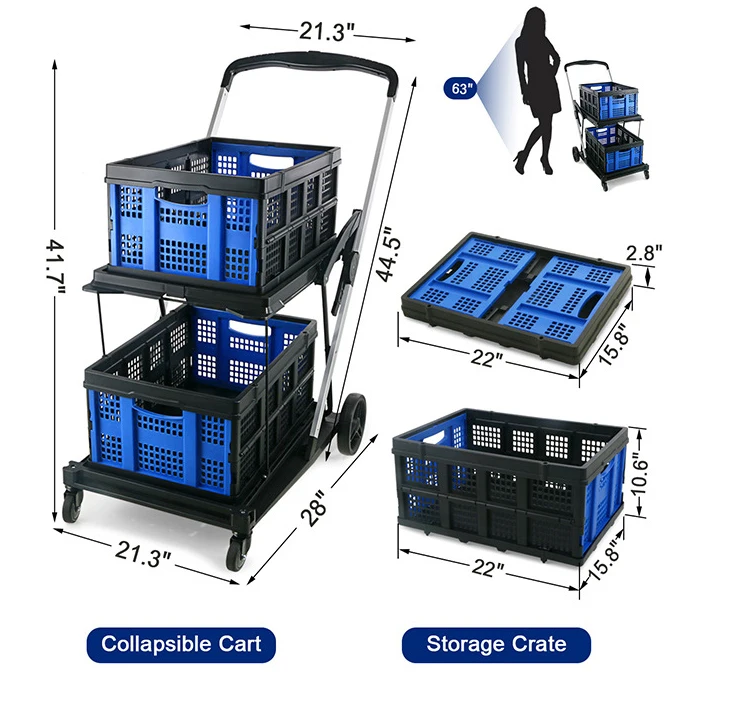 Double Decker Foldable Cart Portable Market Folding Trolley Collapsible Shopping Cart With Storage Crate