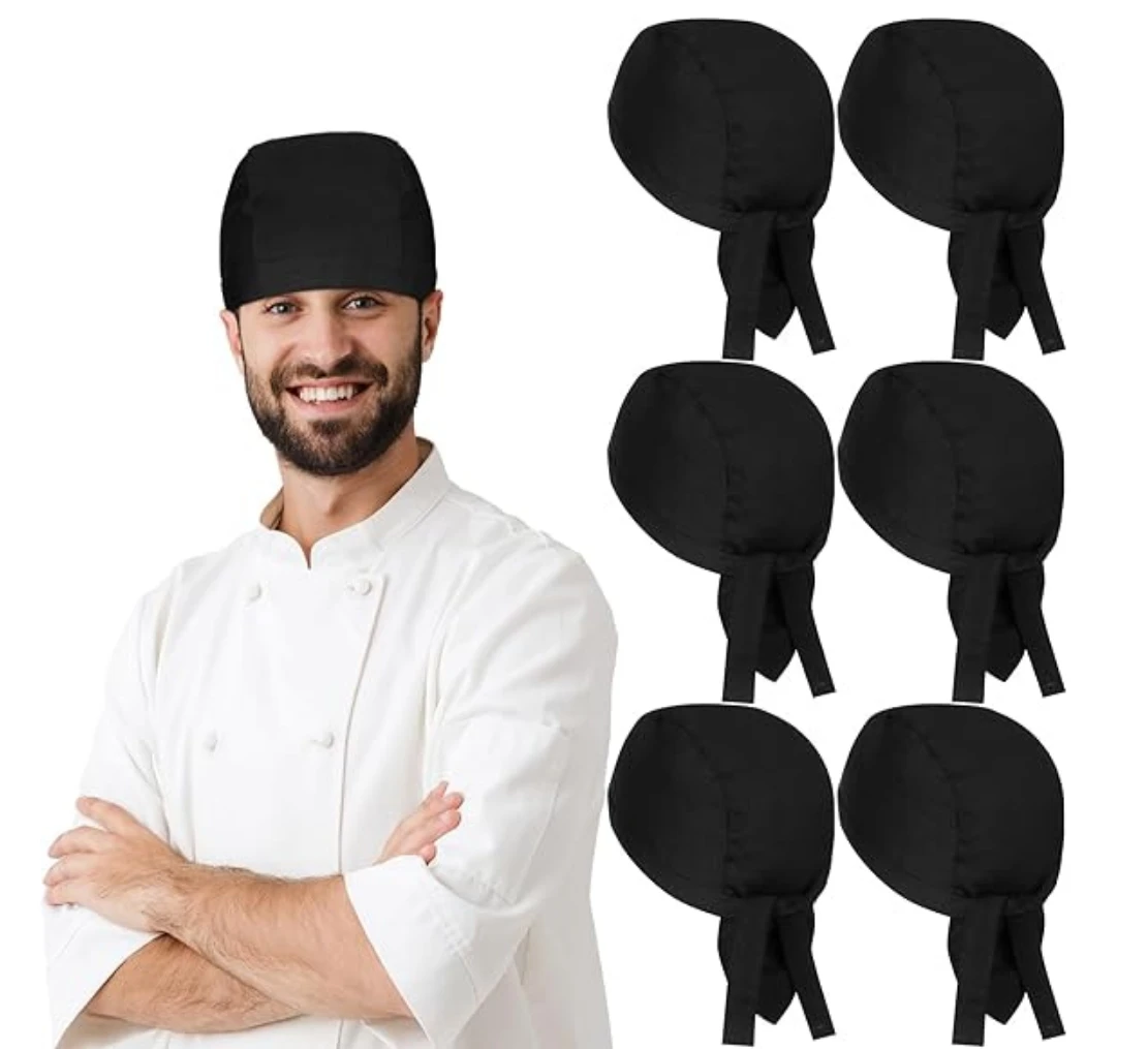 Tie Back Chef Hat for Men Adjustable Chef Cap Chefs Bandana Skull Cap Black Breathable Cooking Hat for Men Women