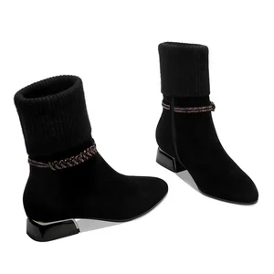 Moncheer Women's Suede Ankle Boots with Knitted Shaft Rhinestone Braided Trim Low Heel Winter Sock Boots