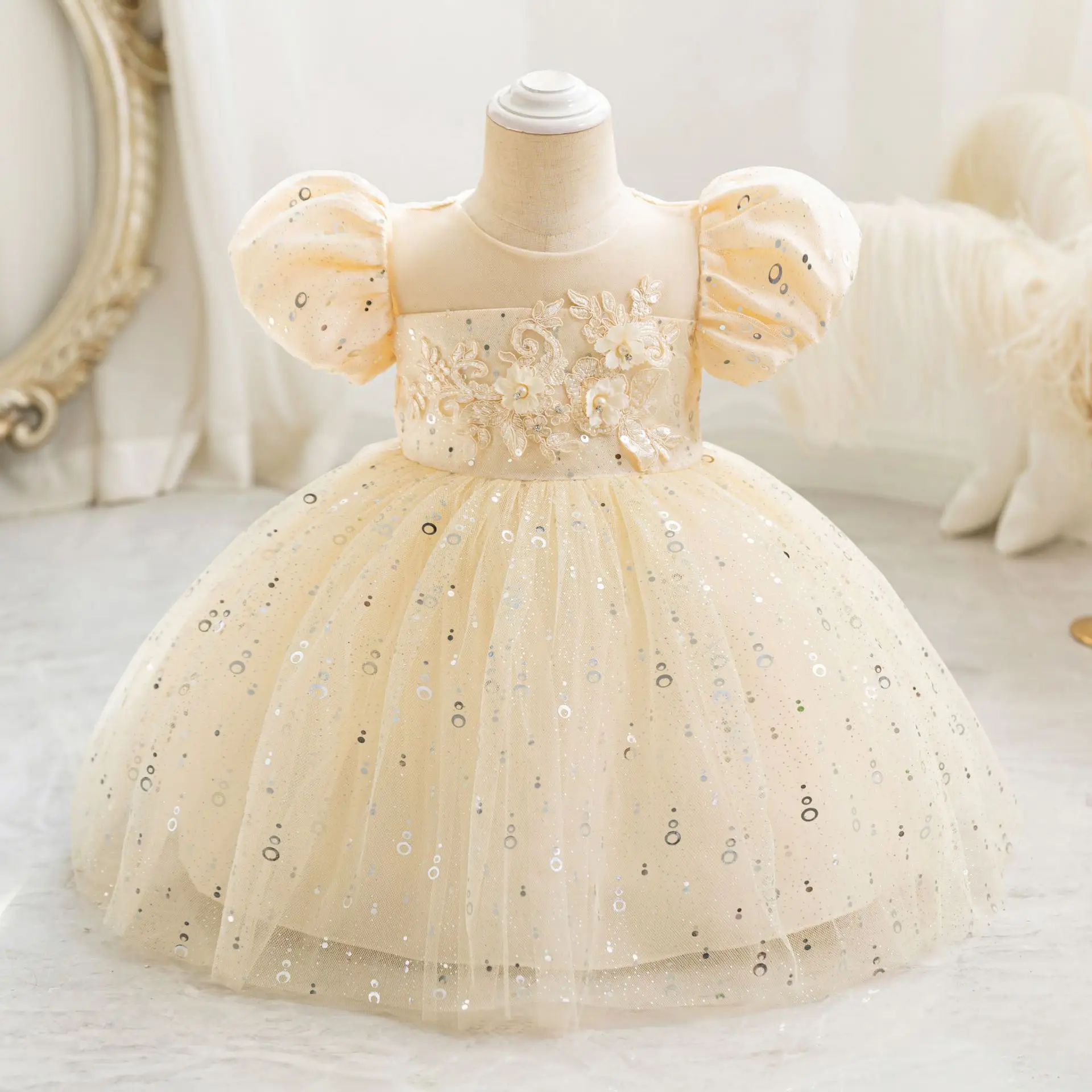 green emerald velvet dress Luxurious Gold Sequence baby Dress – babiesfrock main image 1