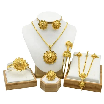 24K Ethiopian Gold Jewelry Sets for Women Necklace Pendant Bracelet Earring Ring Habesha Jewelry HWT122